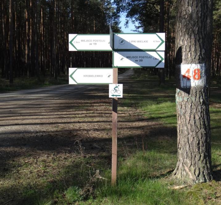 Fotografia&#x20;przedstawia&#x20;znaki&#x20;kierunkowe&#x20;na&#x20;białym&#x20;tle&#x2e;&#x20;Zielonym&#x20;drukiem&#x20;widać&#x20;napisy&#x2e;&#x20;Po&#x20;lewej&#x20;strony&#x20;pierwszy&#x20;od&#x20;góry&#x3a;&#x20;Miejsce&#x20;postoju&#x20;pojazdów&#x20;nr&#x20;19&#x20;-&#x20;2&#x2c;4&#x20;km&#x3b;&#x20;na&#x20;dole&#x3a;&#x20;Krobielewko&#x2e;&#x20;Po&#x20;prawej&#x20;stronie&#x20;od&#x20;góry&#x3a;&#x20;Lipki&#x20;Wielkie&#x20;-&#x20;4&#x2c;1&#x20;km&#x2c;&#x20;na&#x20;dole&#x20;-&#x20;Miejsce&#x20;postoju&#x20;pojazdów&#x20;nr&#x20;20&#x20;-&#x20;1&#x2c;9&#x20;km&#x2e;&#x20;Każda&#x20;z&#x20;tabliczek&#x20;oznaczona&#x20;jest&#x20;zielonym&#x20;obramowaniem&#x20;oraz&#x20;znakiem&#x2c;&#x20;godłem&#x20;firmowym&#x20;Lasów&#x20;Państwowych&#x2e;&#x20;Poniżej&#x20;znaku&#x20;z&#x20;odległościami&#x20;znajduje&#x20;się&#x20;znak&#x20;z&#x20;logotypem&#x20;szlaku&#x20;rowerowego&#x20;i&#x20;strzałką&#x20;w&#x20;prawo&#x2e;&#x20;Obok&#x20;drogowskazu&#x20;stoi&#x20;drzew&#x2c;&#x20;na&#x20;którym&#x20;znajduję&#x20;się&#x20;numer&#x20;drogi&#x20;pożarowej&#x20;-&#x20;48&#x2f;&#x20;fot&#x2e;&#x20;D&#x2e;&#x20;Wieczorkiewicz