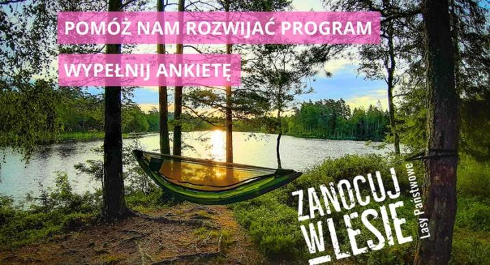 Ryc.1. Grafika. Na zdjęciu hamak rozwieszony między drzewmi, w tle jezioro i zachodzące słońce. Na grafikę naniesione jest oficjalne logo programu "Zanocuj w lesie" oraz napis "Pomóż nam rozwijać program. Wypełnij ankietę"/ źródło: Lasy Państwowe
