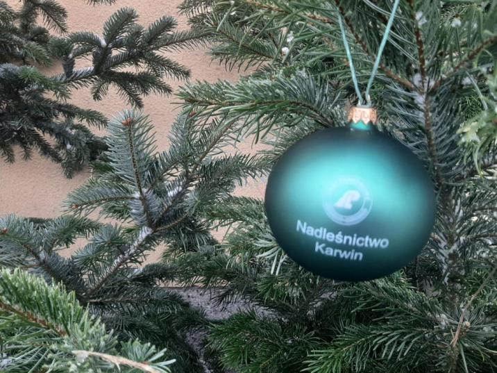 Zdjęcie przedstawia bombkę z napisem Nadleśnictwo Karwin zawieszoną na jodłowej gałązce/ fot. D. Wieczorkiewicz